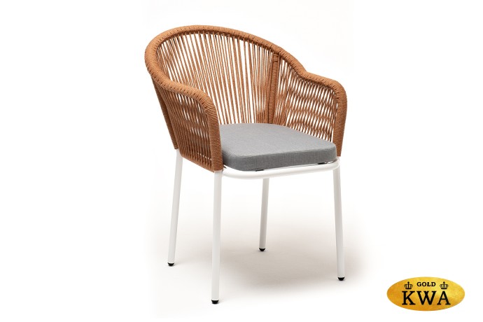 "Лион" стул плетеный из роупа, каркас из стали светло-серый (RAL7035) шагрень, роуп оранжевый меланж круглый, ткань светло-серая