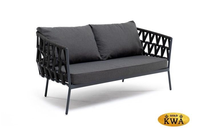 "Диего" диван 2-местный плетеный из роупа, каркас алюминий темно-серый (RAL7024), роуп темно-серый круглый, ткань темно-серая