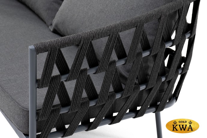 "Диего" диван 2-местный плетеный из роупа, каркас алюминий темно-серый (RAL7024), роуп темно-серый круглый, ткань темно-серая