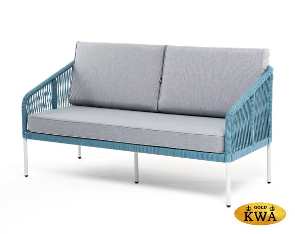 "Канны" диван 2-местный плетеный из роупа, каркас алюминий светло-серый (RAL7035) муар, роуп бирюзовый круглый, ткань светло-серая