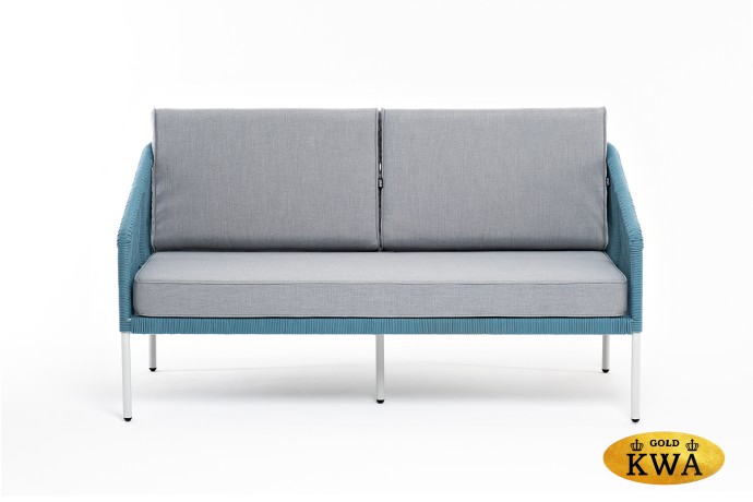 "Канны" диван 2-местный плетеный из роупа, каркас алюминий светло-серый (RAL7035) муар, роуп бирюзовый круглый, ткань светло-серая