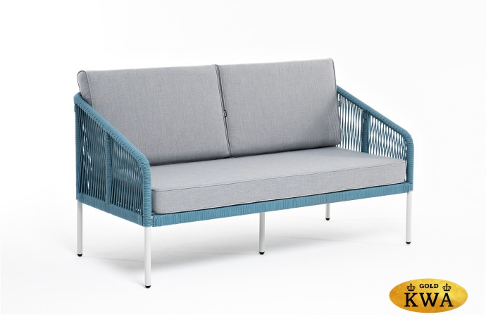 "Канны" диван 2-местный плетеный из роупа, каркас алюминий светло-серый (RAL7035) муар, роуп бирюзовый круглый, ткань светло-серая