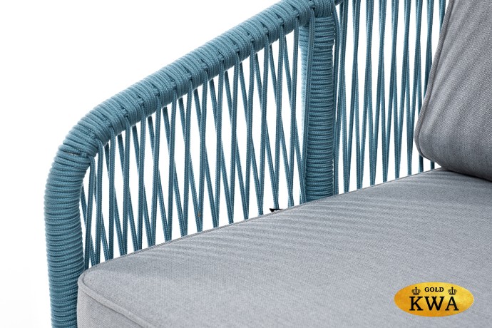 "Канны" диван 2-местный плетеный из роупа, каркас алюминий светло-серый (RAL7035) муар, роуп бирюзовый круглый, ткань светло-серая