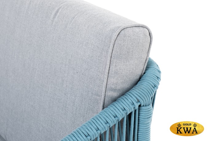 "Канны" диван 2-местный плетеный из роупа, каркас алюминий светло-серый (RAL7035) муар, роуп бирюзовый круглый, ткань светло-серая