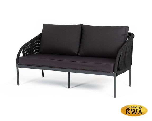 "Канны" диван 2-местный плетеный из роупа, каркас алюминий темно-серый (RAL7024) матовый, роуп темно-серый круглый, ткань интерьерная