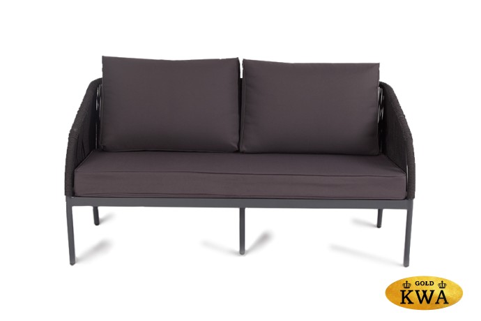 "Канны" диван 2-местный плетеный из роупа, каркас алюминий темно-серый (RAL7024) матовый, роуп темно-серый круглый, ткань интерьерная