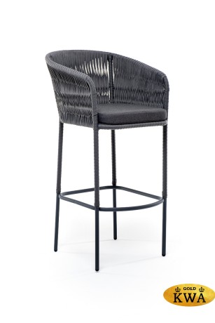 "Бордо" стул барный плетеный из роупа (колос), каркас из стали серый (RAL7022) муар, роуп серый 15мм, ткань темно-серая 019