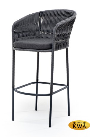 "Бордо" стул барный плетеный из роупа (колос), каркас из стали серый (RAL7022) муар, роуп серый 15мм, ткань темно-серая 019