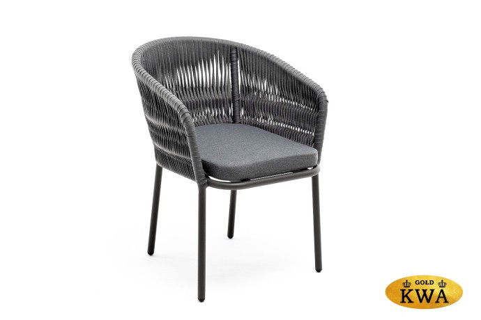 "Бордо" стул плетеный из роупа (колос), каркас алюминий серый (RAL7022) муар, роуп серый 15мм, ткань темно-серая 027