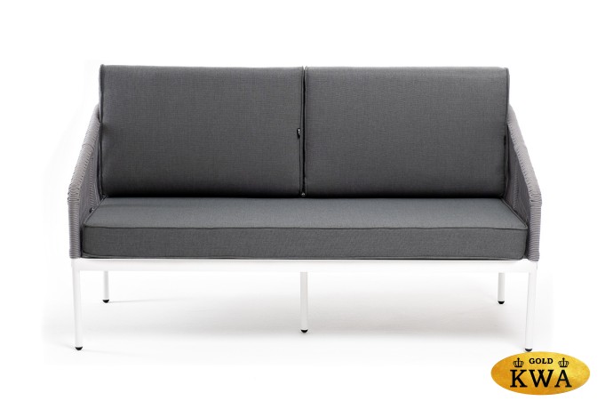 "Канны" диван 2-местный плетеный из роупа, каркас алюминий белый шагрень, роуп светло-серый круглый, ткань Neo ash