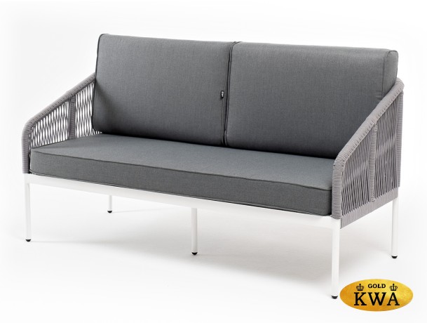 "Канны" диван 2-местный плетеный из роупа, каркас алюминий белый шагрень, роуп светло-серый круглый, ткань Neo ash